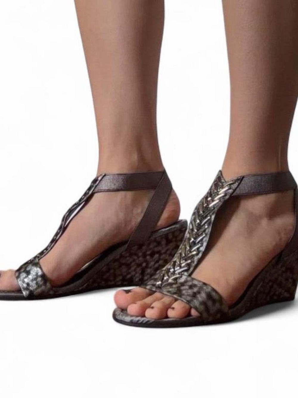 New York Transit Braided T-Strap Wedge Sandals - Brown